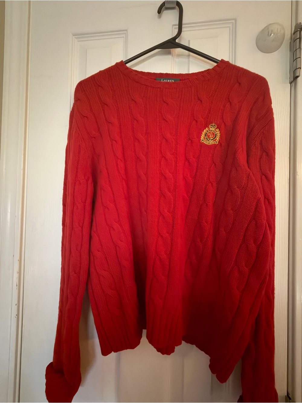 Polo by Ralph Lauren Red Cable-Knit Crewneck Sweater with Embroidered Crest